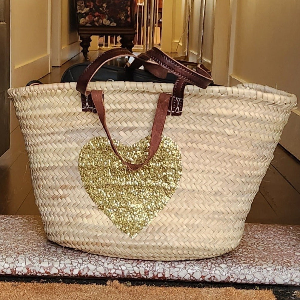 Classic Double Handle Basket with Gold Sequin Heart