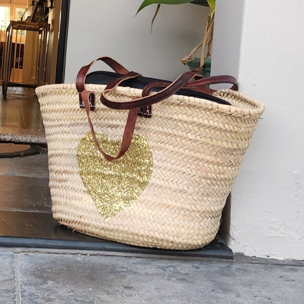 Classic Double Handle Basket with Gold Sequin Heart