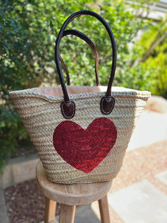 Sequin Straw Bag, French market bag, Beach bag, Straw Basket