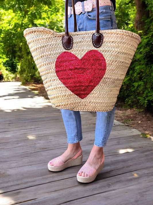 Sequin Straw Bag, French market bag, Beach bag, Straw Basket