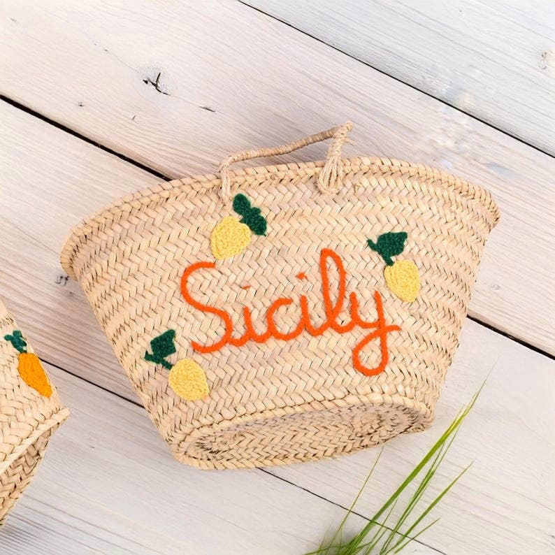 French Basket, straw basket , Natural Palm Leaf, Beach bag - Sicily