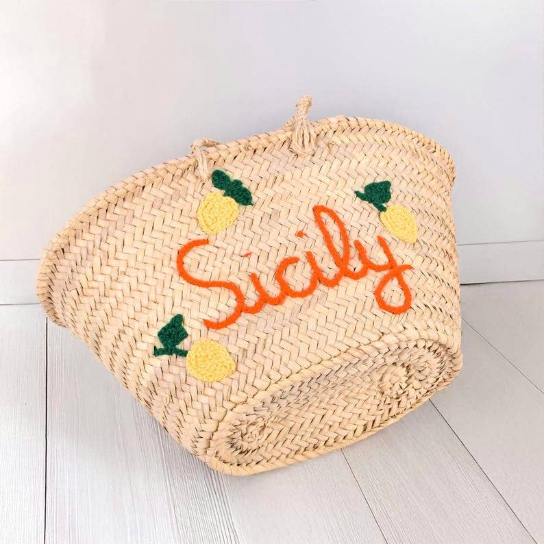French Basket, straw basket , Natural Palm Leaf, Beach bag - Sicily