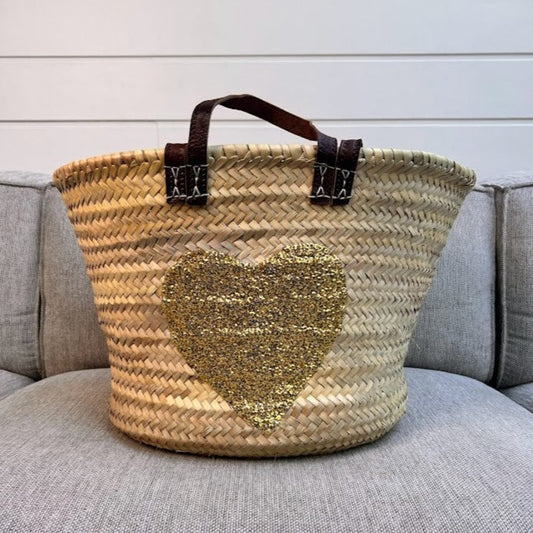 Classic Double Handle Basket with Gold Sequin Heart