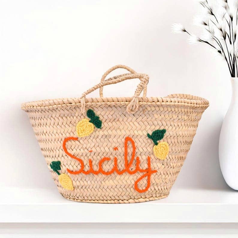 French Basket, straw basket , Natural Palm Leaf, Beach bag - Sicily