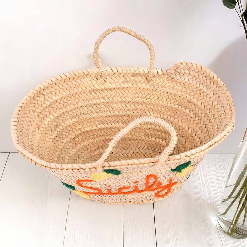 French Basket, straw basket , Natural Palm Leaf, Beach bag - Sicily