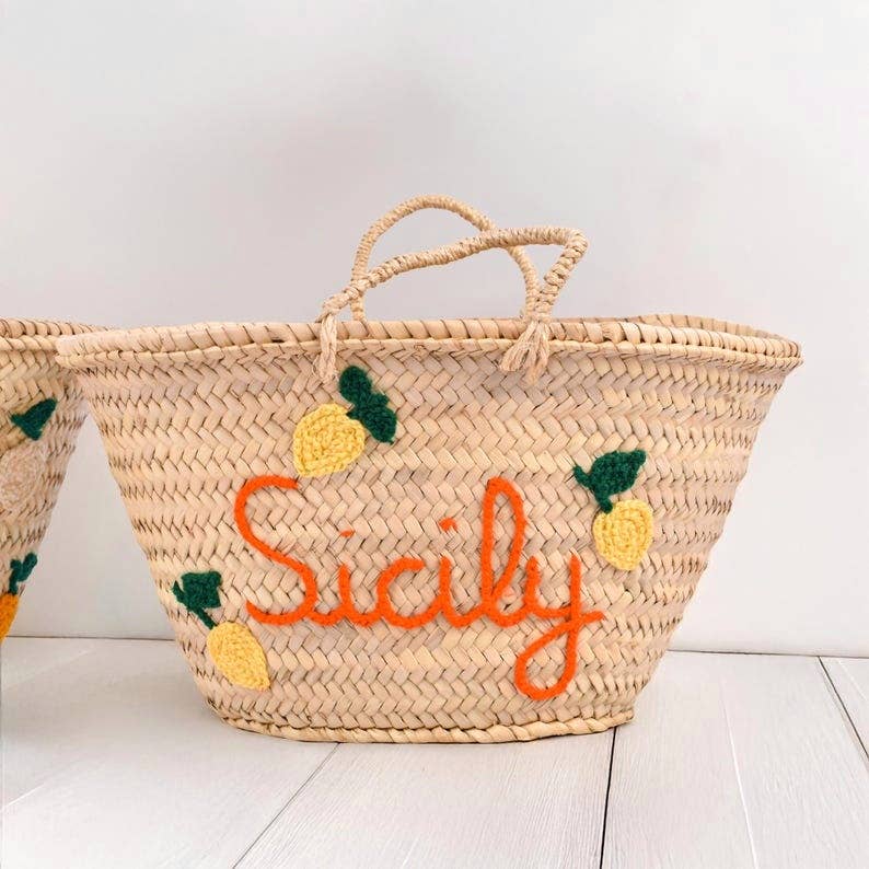 French Basket, straw basket , Natural Palm Leaf, Beach bag - Sicily